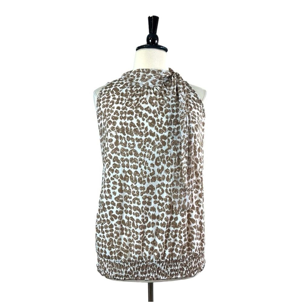 French Laundry Women’s Top High Tie Neck Blouson Tan White Animal Print Size XL